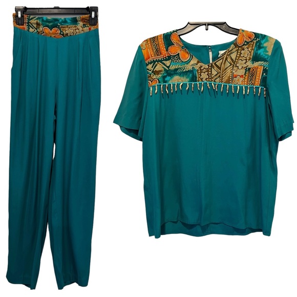 Vintage 80s 2 Piece Set Top Pants Teal Hawaiian Print Trim High Waisted Pleated - Picture 1 of 15